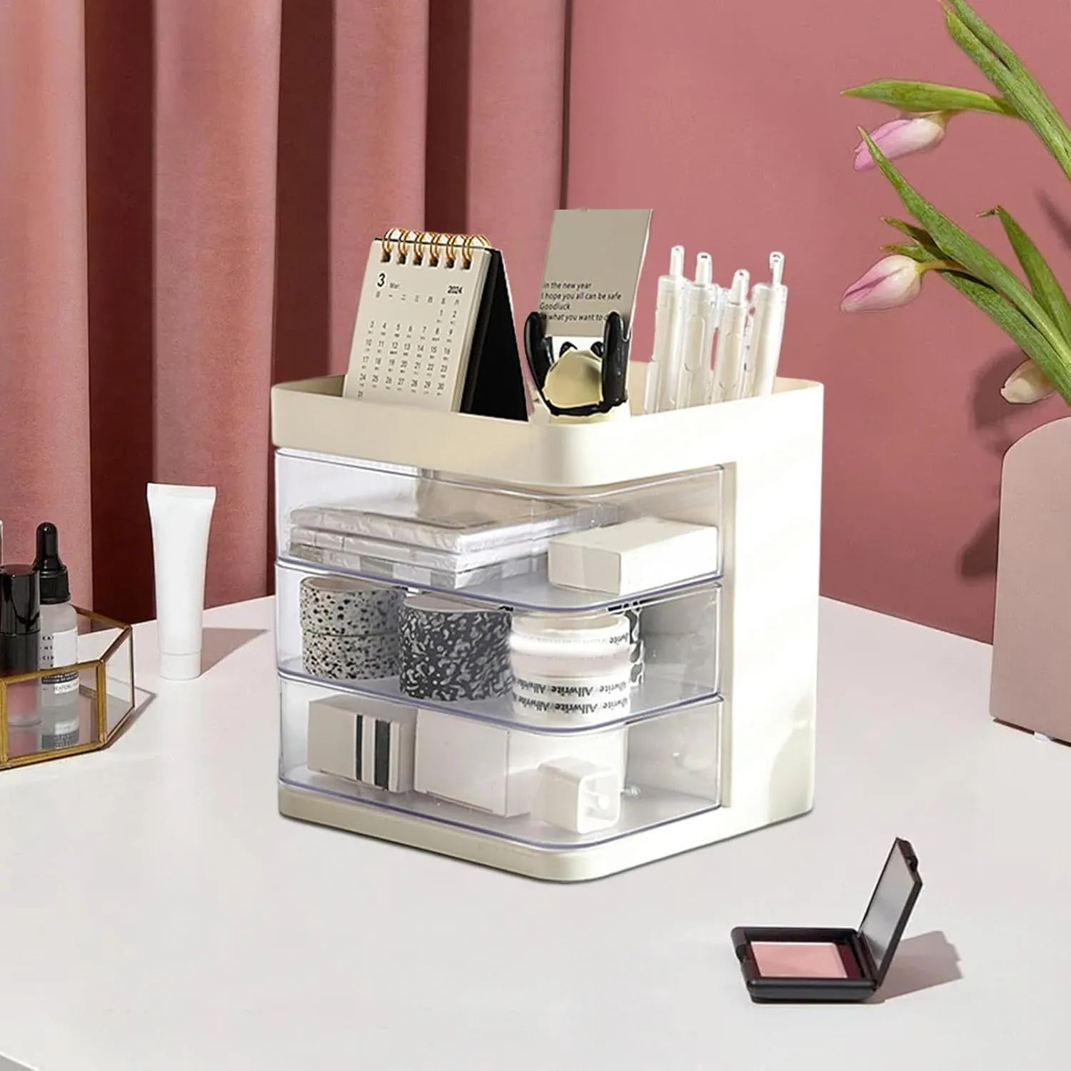 Multilayer Rotating Desktop Cosmetic and Stationery Storage Organizer